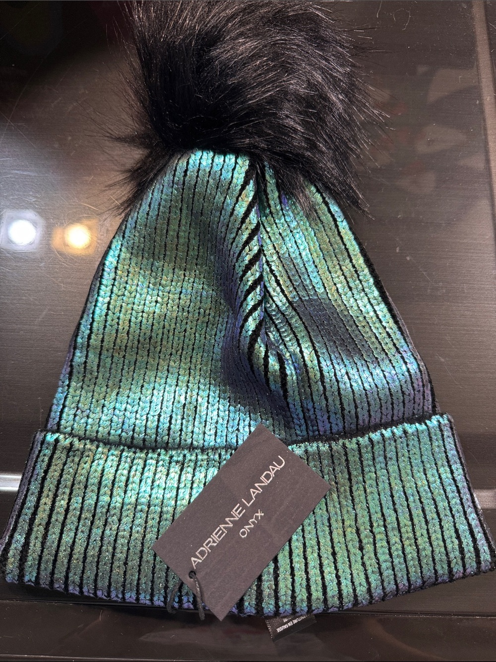 Adrienne Landau Iridescent Teal Ribbed Pom Beanie with Black Faux Fur